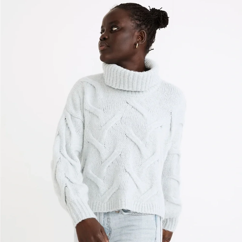 Madewell NWOT Somervell Modern Cable Turtleneck Sweater in Heather Iceberg Blue - Picture 1 of 8